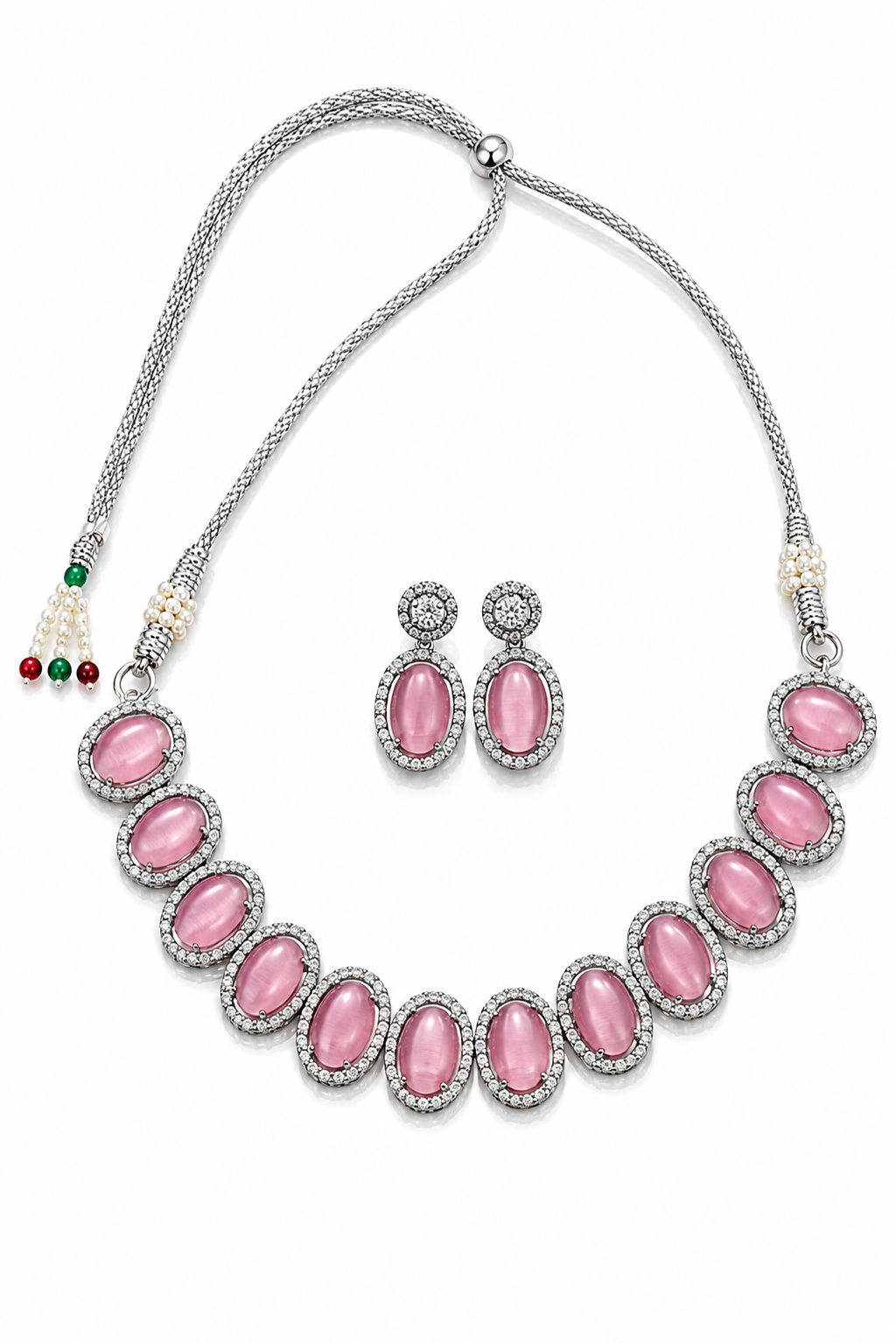 Silver-Toned Pink Stone Necklace & Earring Set