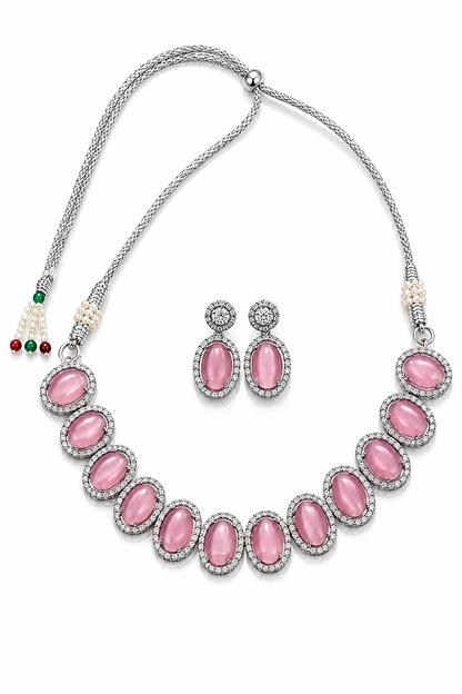 Silver-Toned Pink Stone Necklace & Earring Set