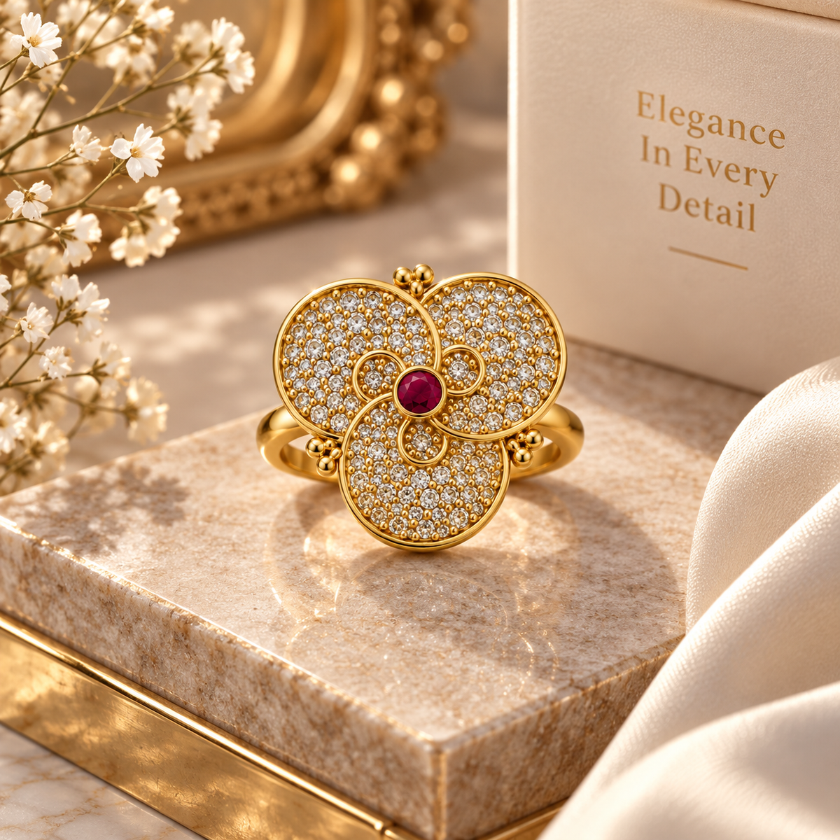 Premium Gold-Toned Floral Statement Ring