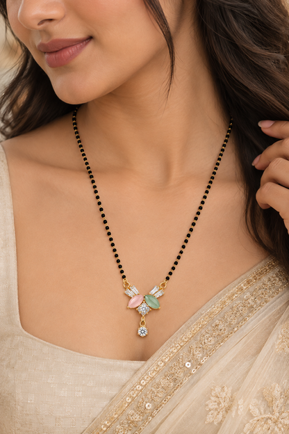 Premium Black Beaded Mangalsutra with Multicolor Floral Pendant