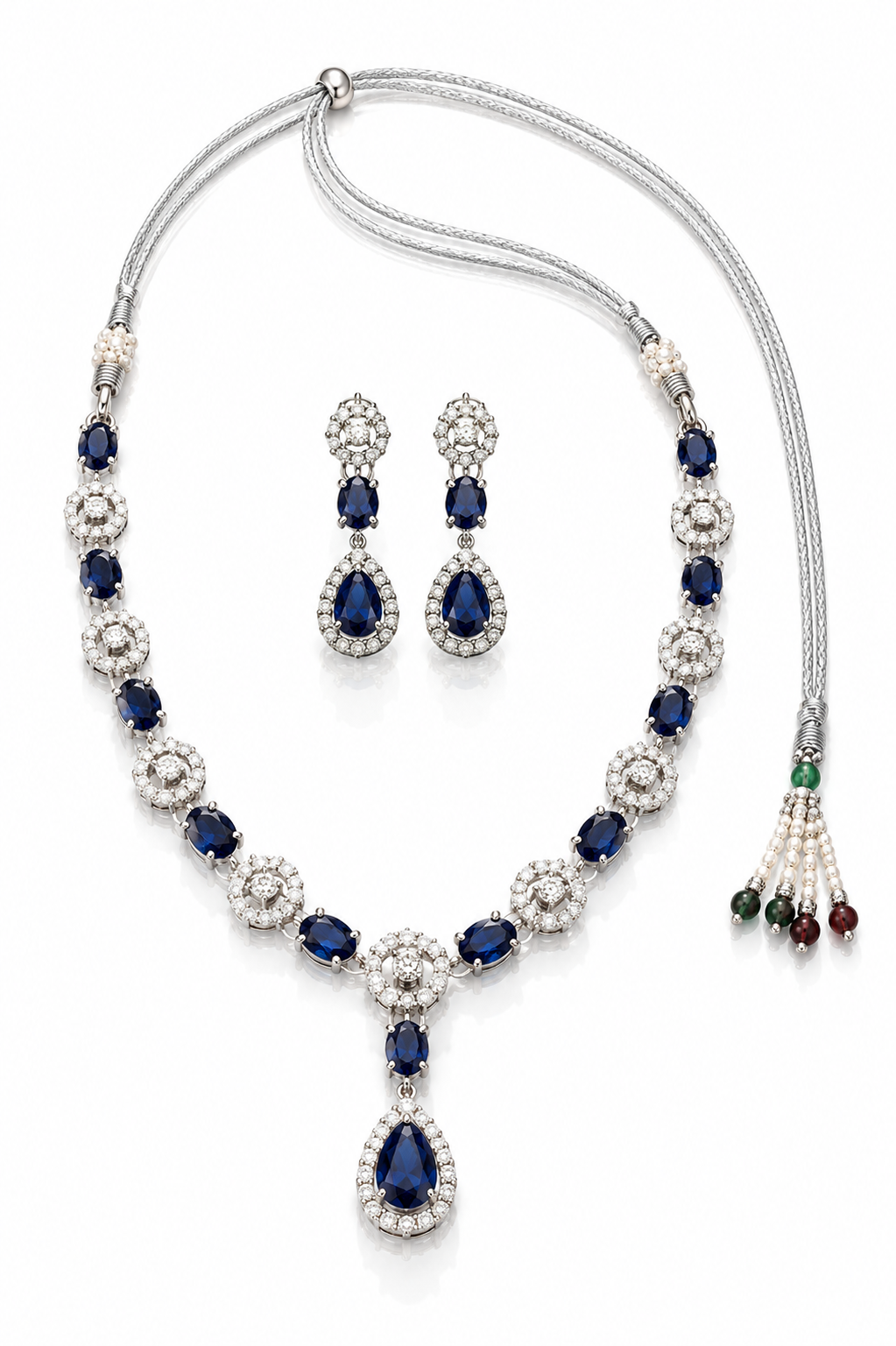 Silver-Toned Deep Blue Statement Necklace & Earring Set