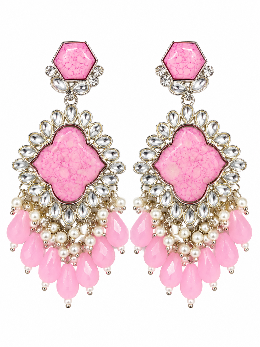 Premium Silver-Toned Pink Stone Pearl Chandelier Earrings