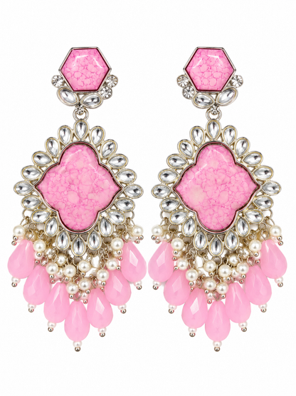 Premium Silver-Toned Pink Stone Pearl Chandelier Earrings