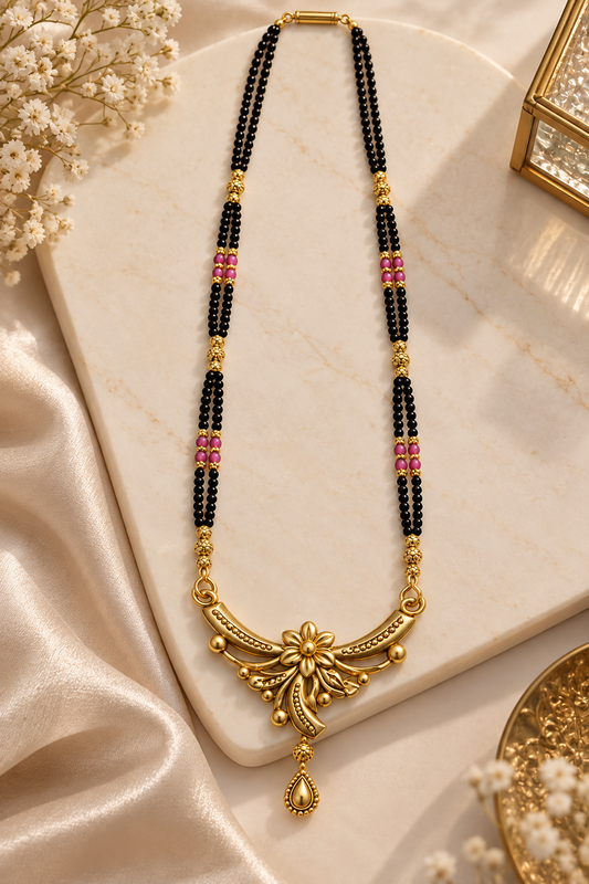 Gold-Toned Black Beaded Floral Pendant Necklace