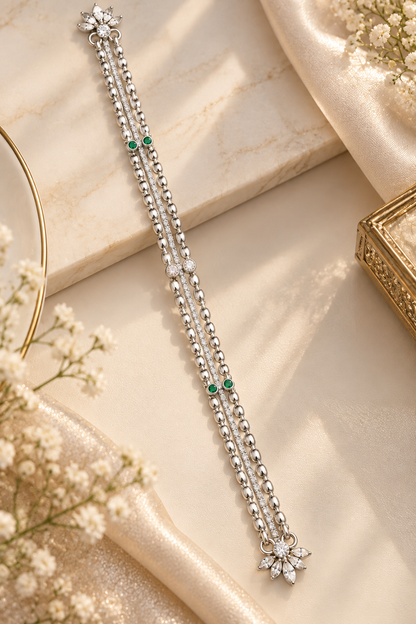 Elegant Silver-Toned Double-Strand Payal with Floral Detailing