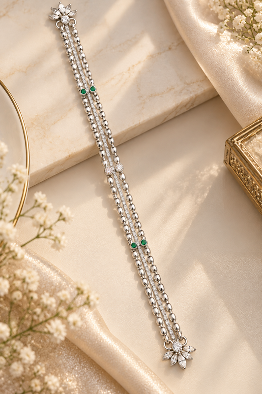 Elegant Silver-Toned Double-Strand Payal with Floral Detailing