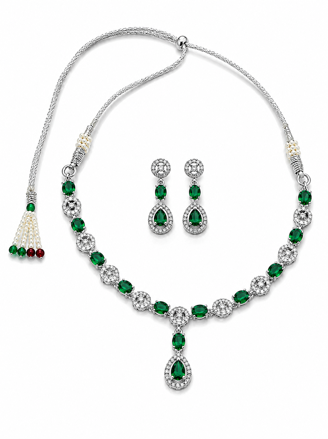 Elegant Silver-Toned Emerald Green Necklace &amp; Earring Set