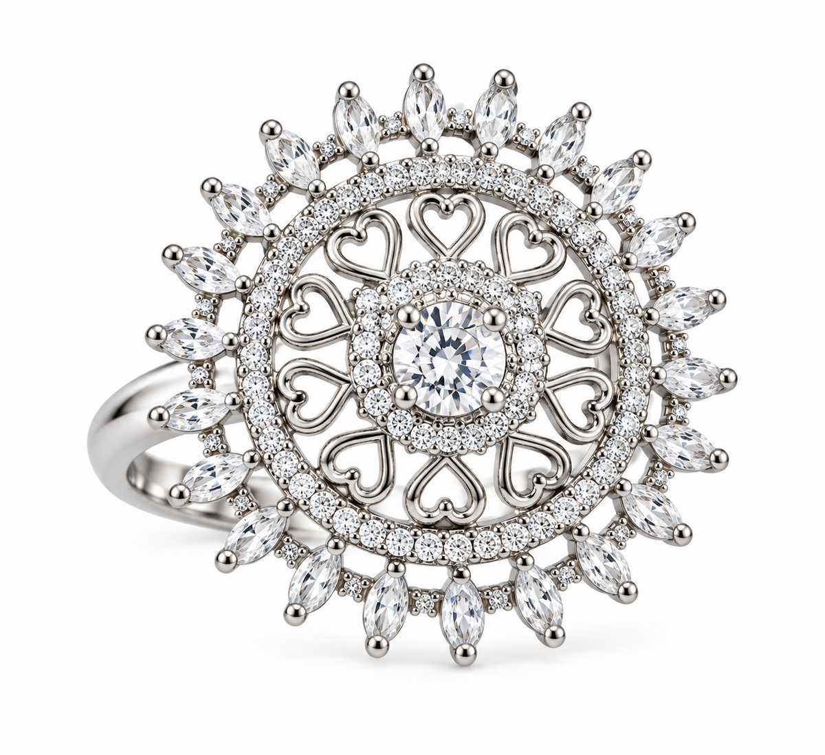 Premium Silver-Toned Heart Motif Statement Ring