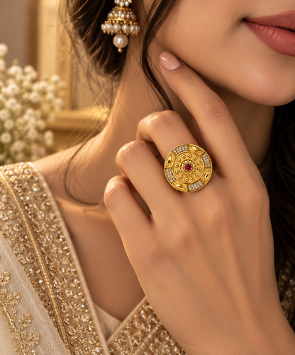 Premium Gold-Toned Ruby Medallion Ring