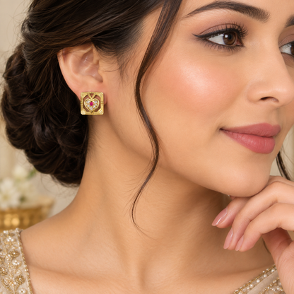 Gold-Toned Geometric Heart Crystal Stud Earrings