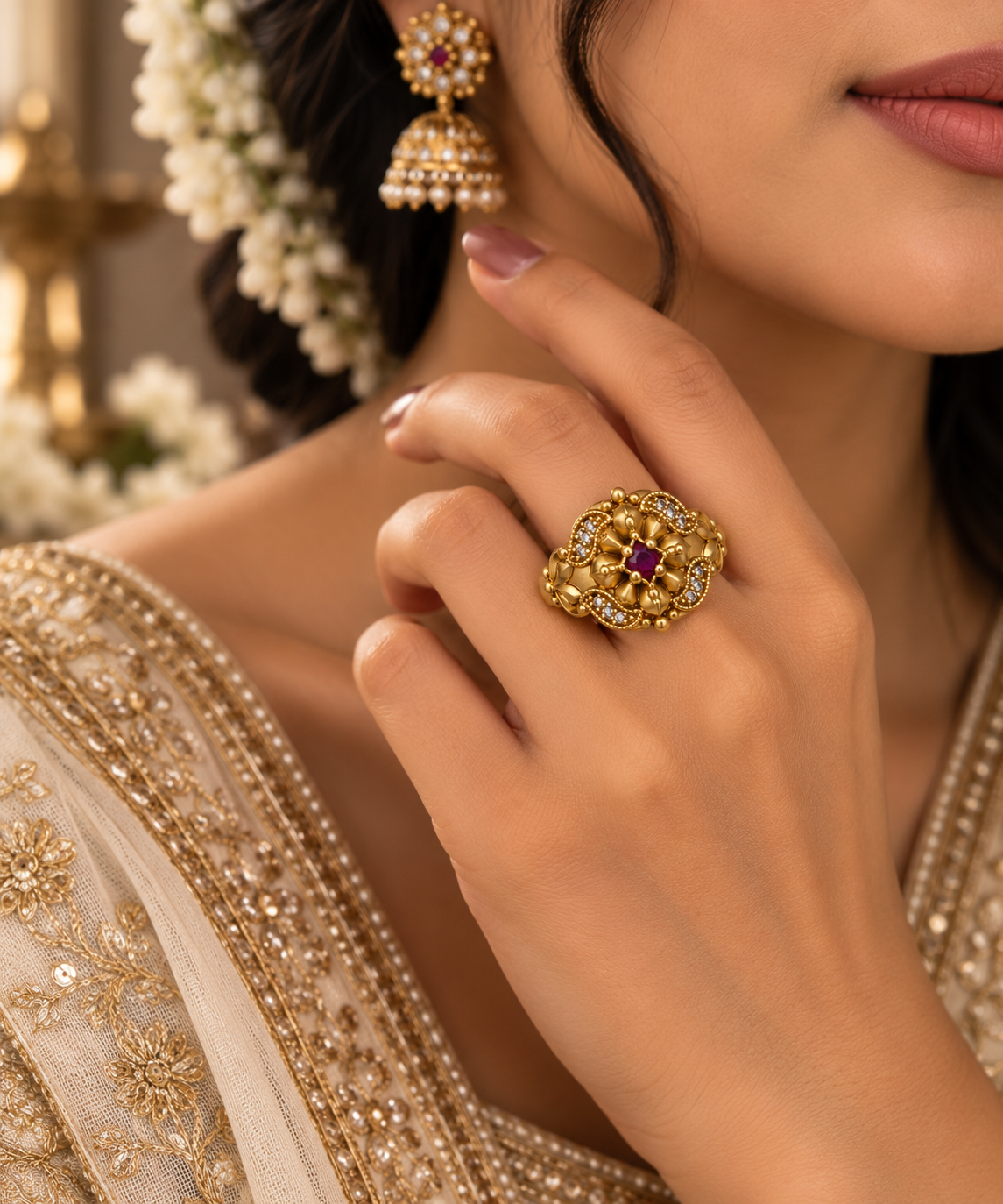 Antique Gold-Toned Ruby Floral Statement Ring