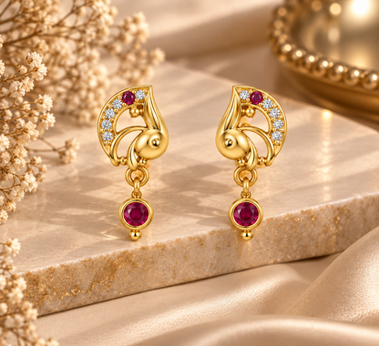 Premium Gold-Toned Peacock Drop Earrings with Ruby Accents