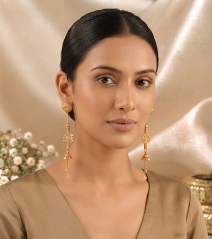 Premium Gold-Toned Ornamental Long Chain Drop Earrings