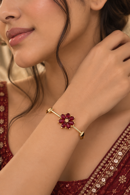 Premium Gold-Toned Ruby Red Floral Bracelet