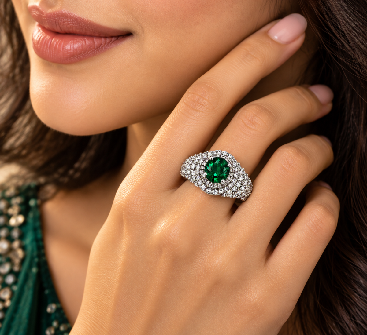 Emerald Green Round Halo Statement Ring