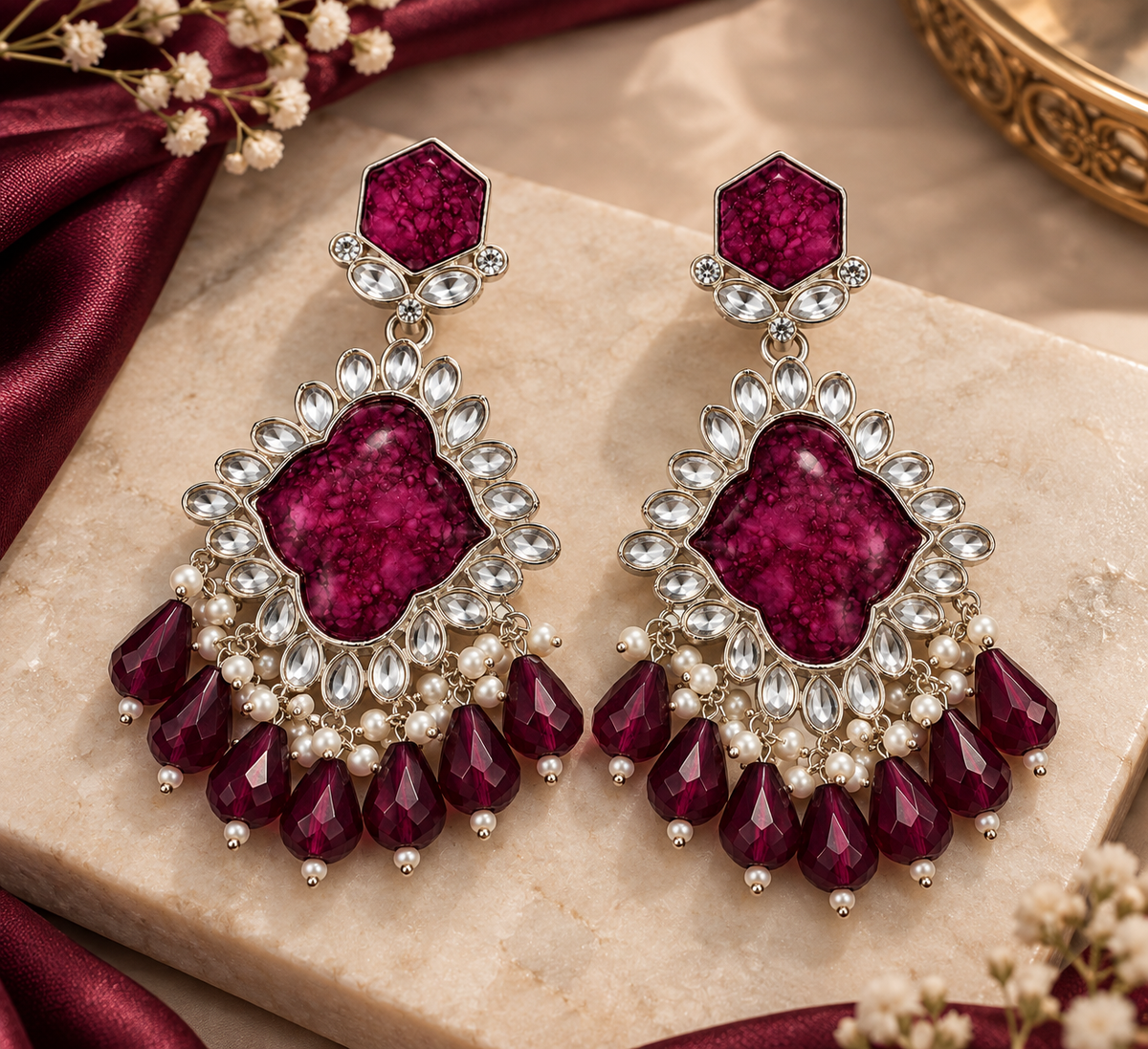 Premium Silver-Toned Burgundy Stone Statement Earrings