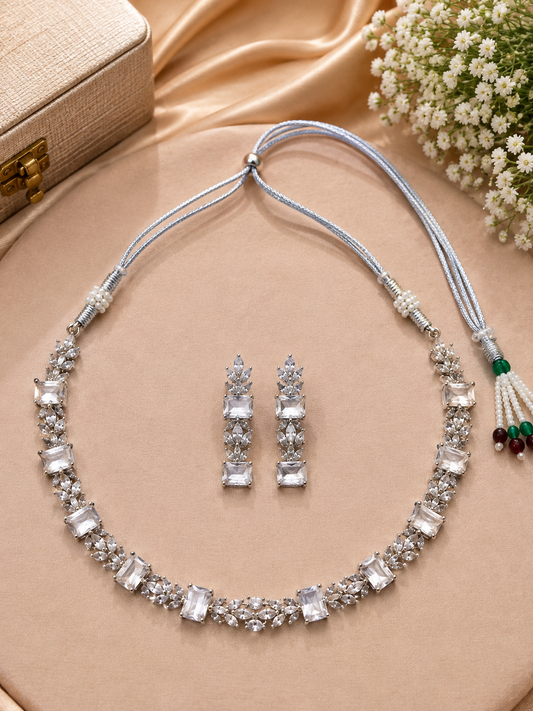 Silver-Toned Clear Crystal Necklace Set
