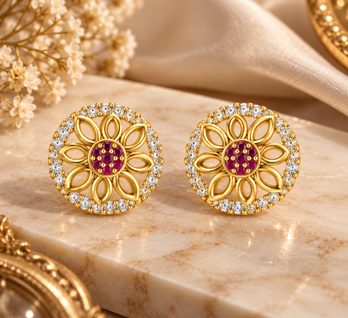 Premium Gold-Toned Floral Stud Earrings with Ruby Accents
