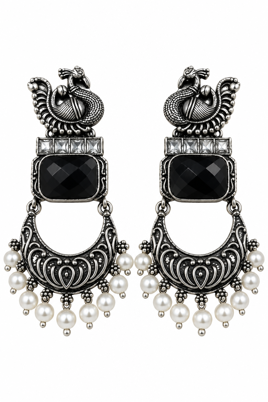 Antique Silver-Toned Black Stone Peacock Statement Earrings
