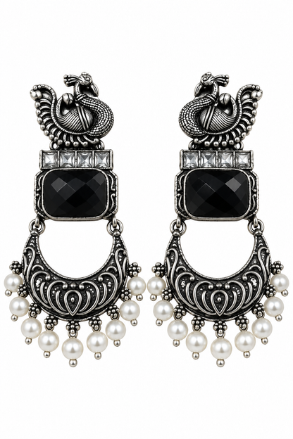Antique Silver-Toned Black Stone Peacock Statement Earrings