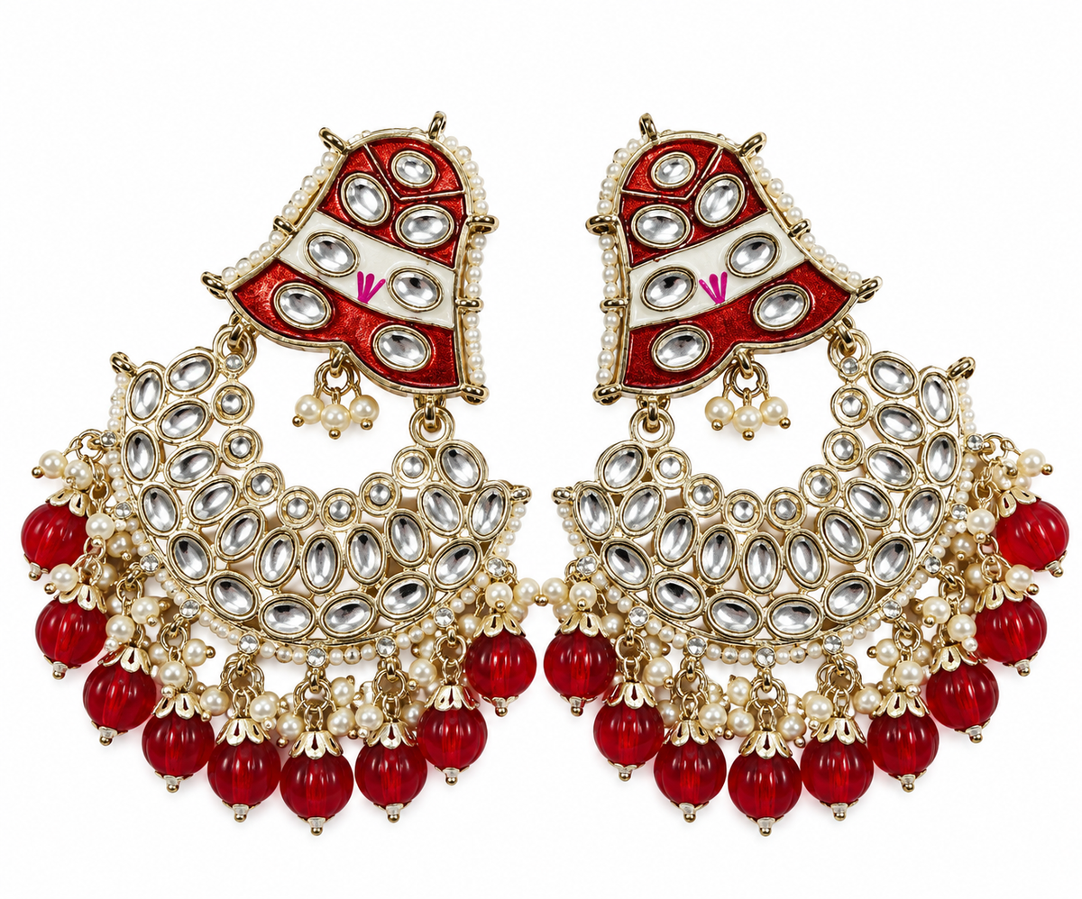Premium Gold-Toned Red & White Kundan-Style Chandelier Statement Earrings