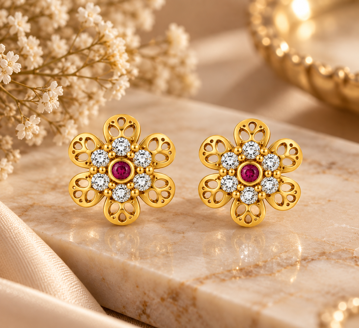 Premium Gold-Toned Floral Stud Earrings with Ruby Accents
