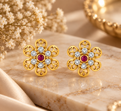 Premium Gold-Toned Floral Stud Earrings with Ruby Accents
