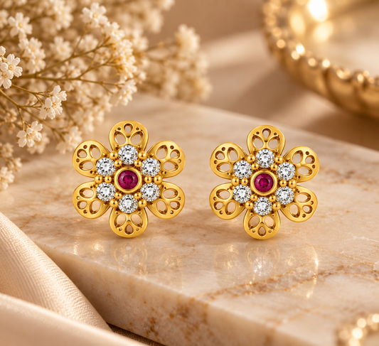 Premium Gold-Toned Floral Stud Earrings with Ruby Accents