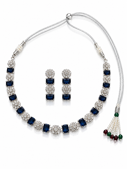 Silver-Toned Navy Blue Stone Necklace Set