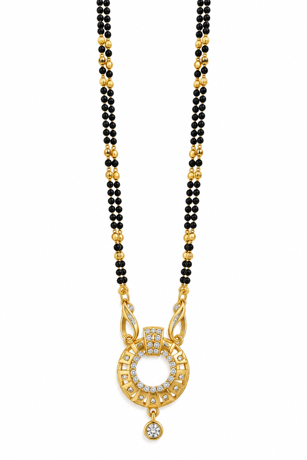 Elegant Black-Beaded Mangalsutra with Gold-Toned Circular Pendant