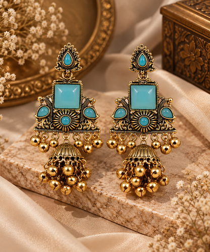 Premium Gold-Toned Aqua Blue Stone Designer Jhumka Earrings