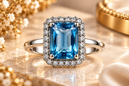 Sapphire Blue Rectangular Halo Statement Ring