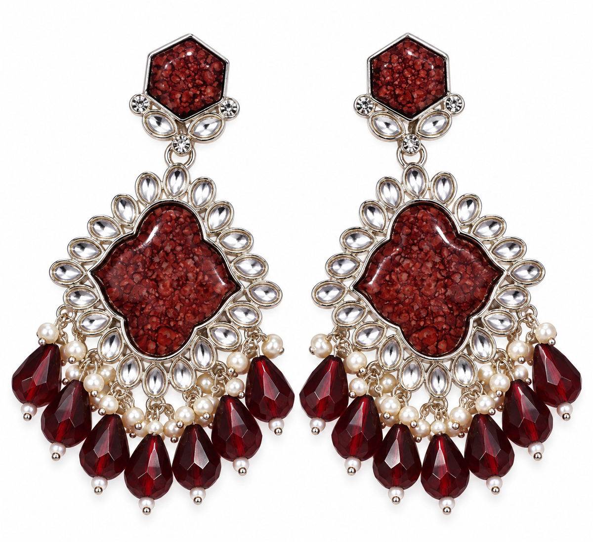 Premium Burgundy Stone Chandelier Earrings with Pearl and Teardrop Embellishments