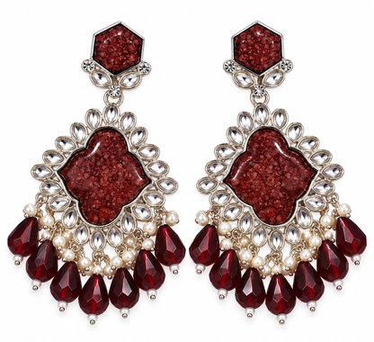 Premium Burgundy Stone Chandelier Earrings with Pearl and Teardrop Embellishments