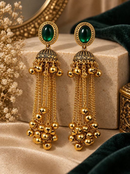 Premium Gold-Toned Emerald Green Stone Long Chain Jhumka Earrings