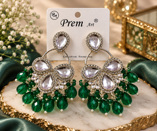 Premium Green Stone Silver-Toned Chandelier Earrings
