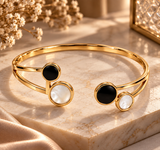 Premium Gold-Toned Black & White Dual-Tone Stone Cuff Bracelet