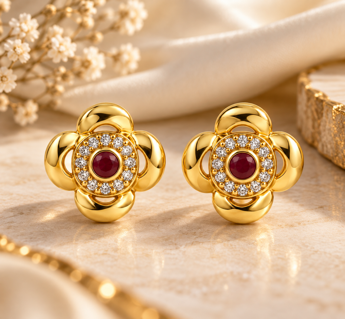 Premium Gold-Toned Floral Crystal Stud Earrings