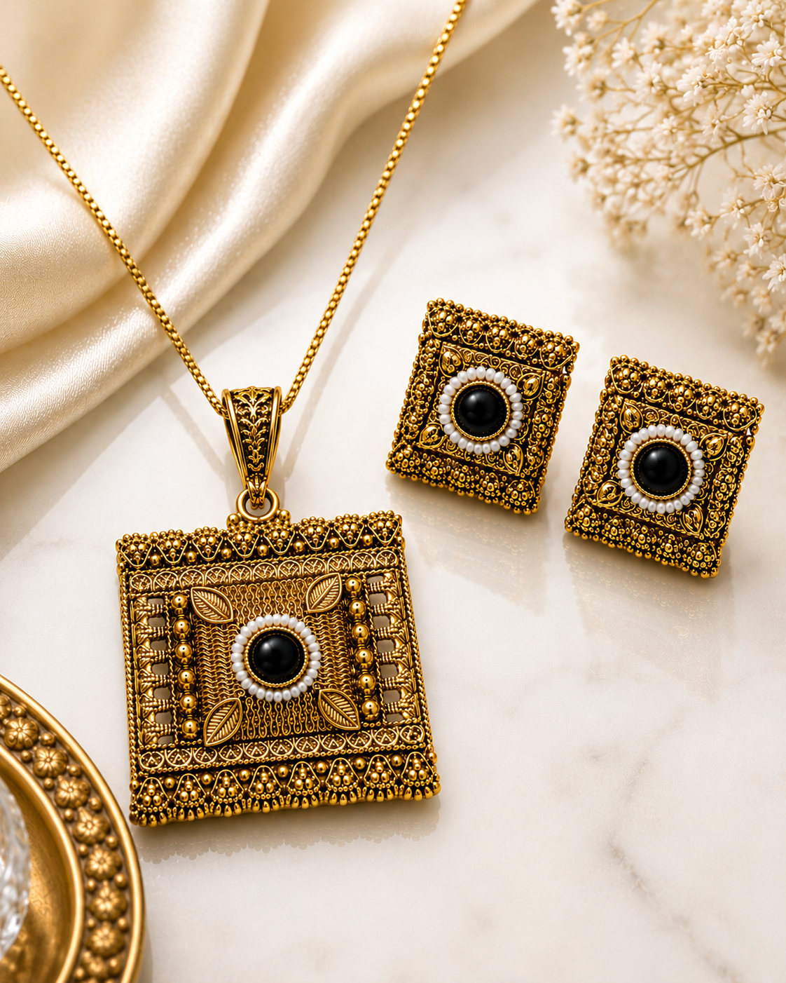Antique Black Stone Pendant & Stud Set