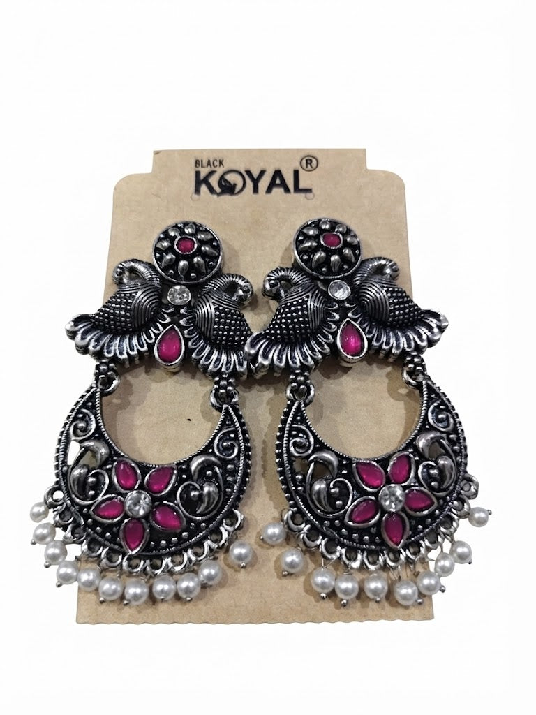 Premium Oxidized Silver-Toned Pink Stone Peacock Chandbali Earrings