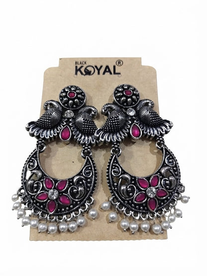 Premium Oxidized Silver-Toned Pink Stone Peacock Chandbali Earrings