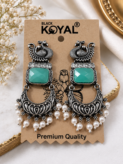 Antique Silver-Toned Teal Stone Peacock Statement Earrings