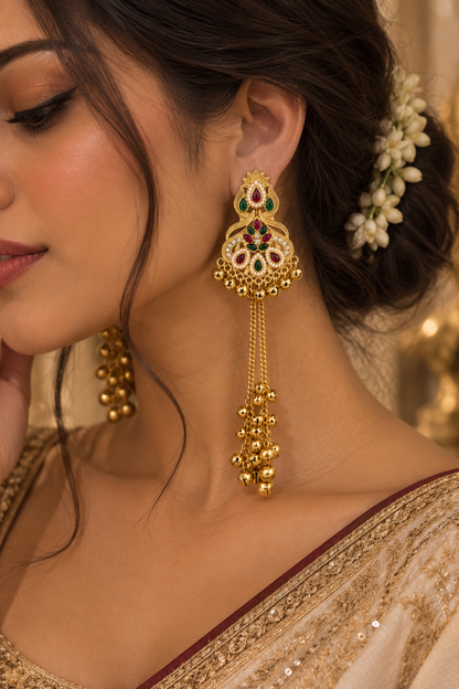 Premium Gold-Toned Multicolour Stone Long Chain Jhumka Earrings