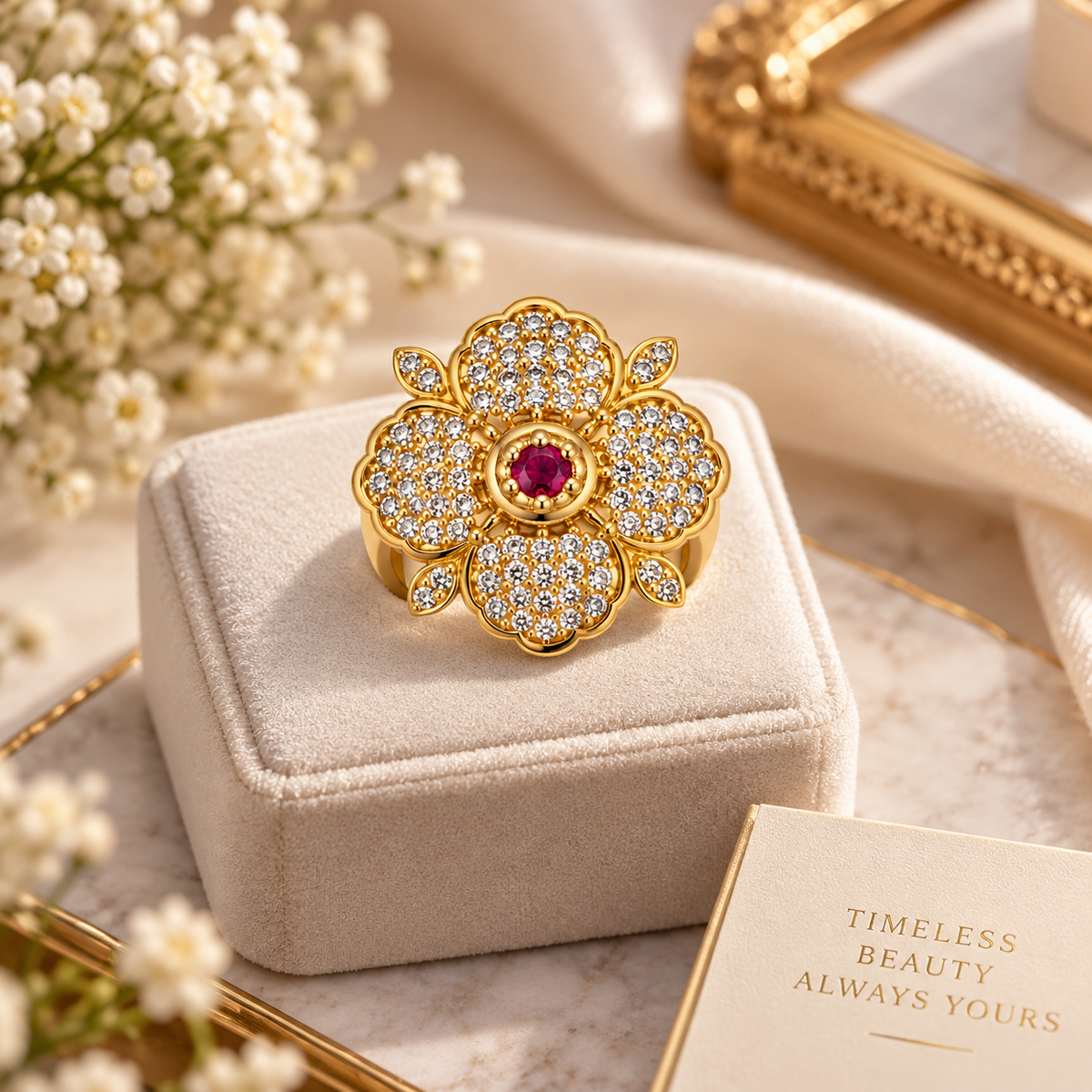 Ruby Floral Gold-Toned Statement Ring