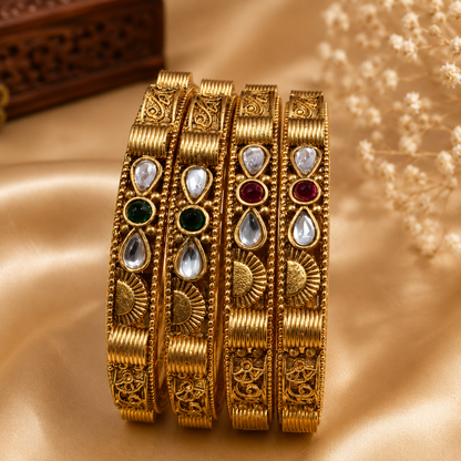 Antique Gold-Toned Multicolor Stone Bangle Set