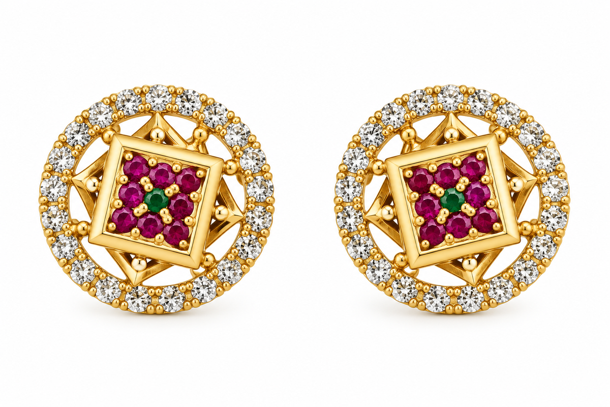 Gold-Toned Geometric Ruby Stud Earrings