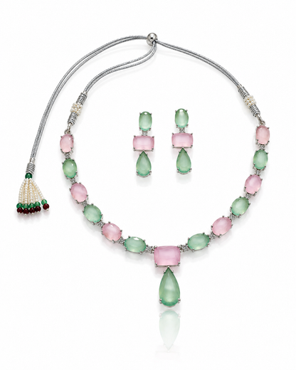 Elegant Silver-Toned Pink & Green Gemstone Necklace Set