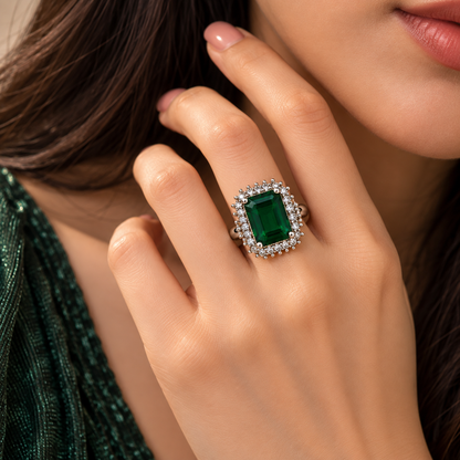 Silver-Toned Emerald Green Statement Ring