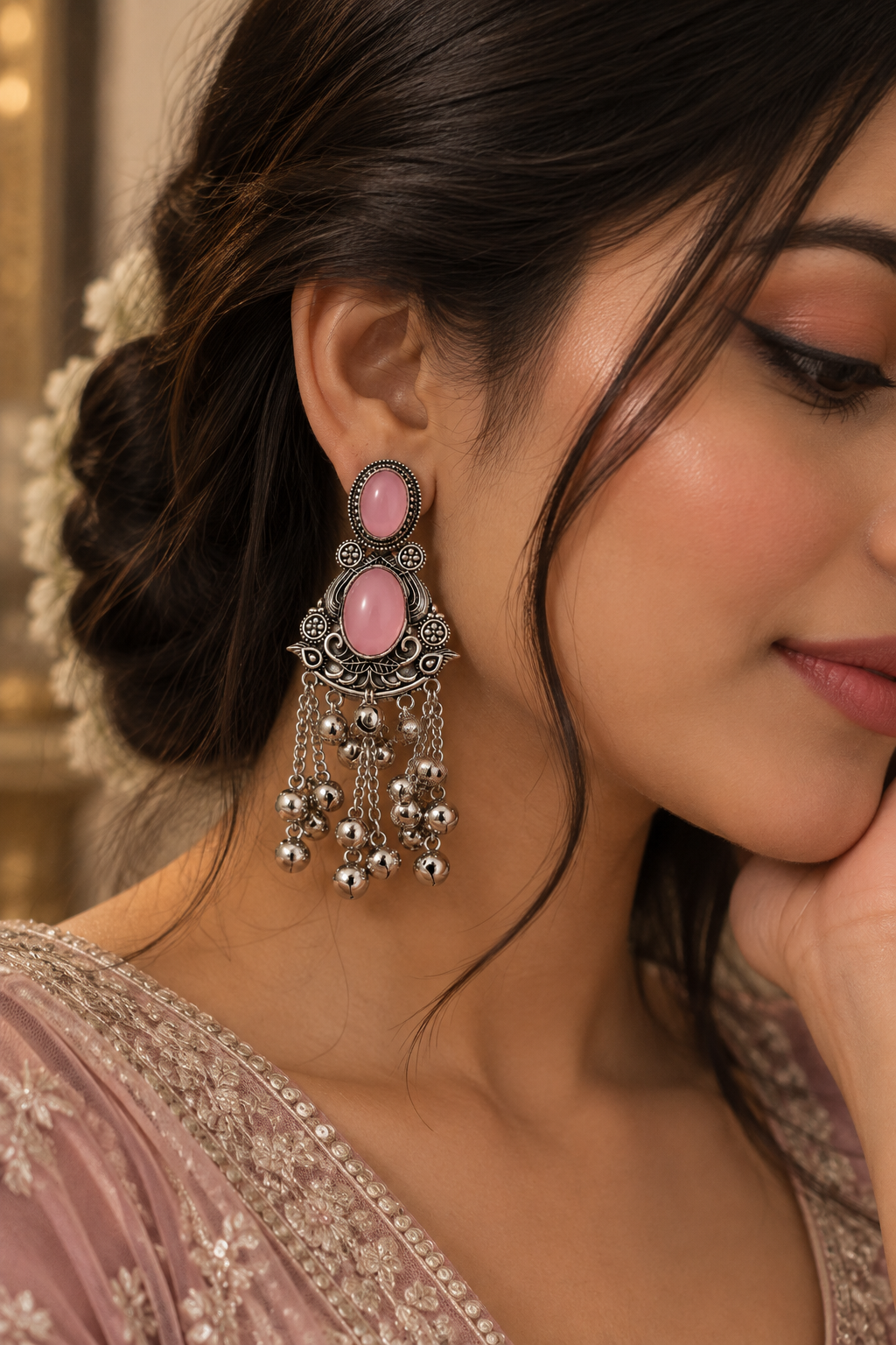 Premium Silver-Toned Pink Stone Oxidized Chandelier Earrings