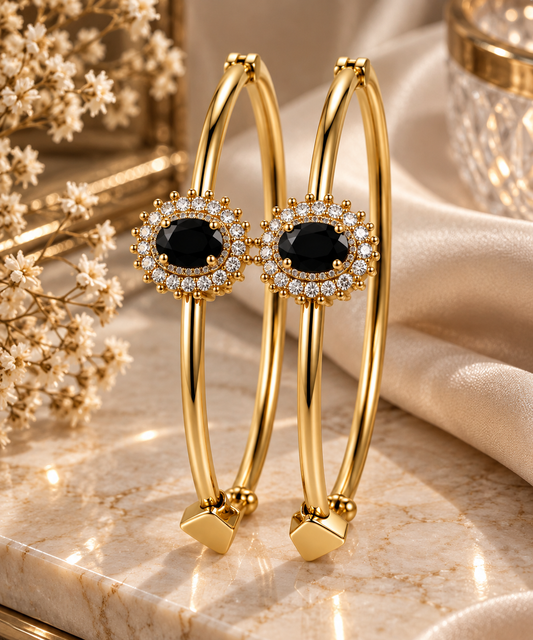 Premium Gold-Toned Black Stone Crystal Bangle Bracelet